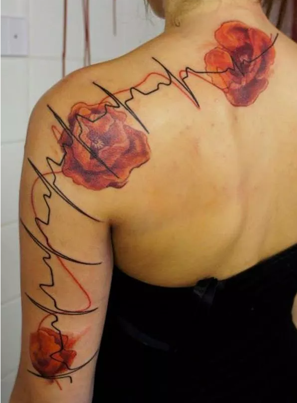Heartbeat tattoo with red rose flowers